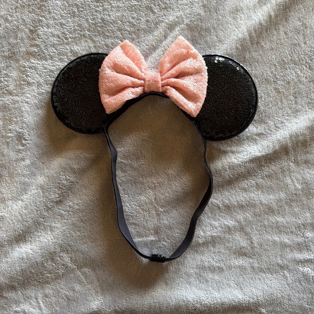 Black Sequin Mouse Ears Headband Peach Pink Sequin Bow Disney Parks Style - J123